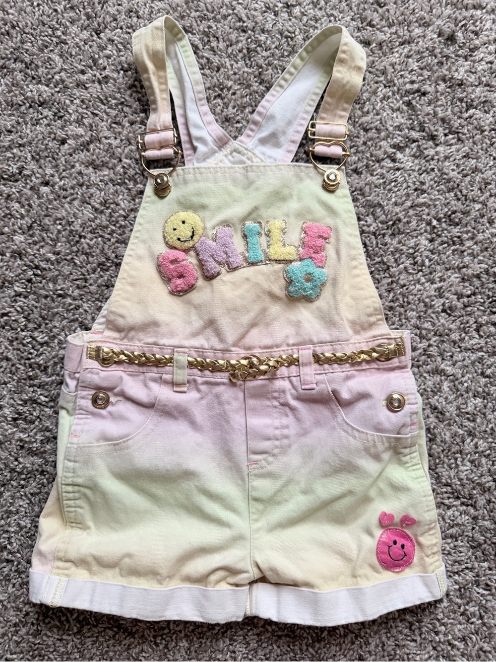 Carter's Pastel Ombre 'SMILE' Short Overalls - Pink/Yellow/Green